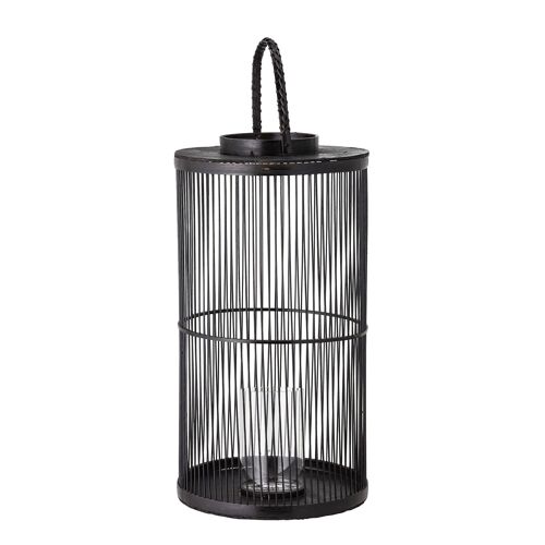 Effie Lantern w/Glass, Black, Bamboo