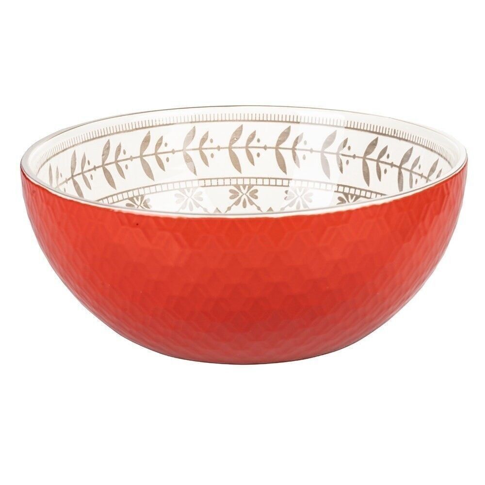 Runde Salatschüssel 24 cm aus Porzellan, doppelte Dekoration, Red Confusion mit grauem Interieur