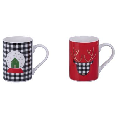 Taza de desayuno navideño 320 ml de porcelana china Reno/Bolas Tartán