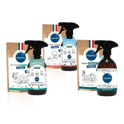 Kit de démarrage boutique : 6 x Flacon d'essai Multi-usages, 6 x Recharge 5 flacons Multi-usages, 6 x Flacon d'essai Détartrant, 6 x Recharge 5 flacons Détartrant, 6 x Flacon d'essai Spray Vaisselle, 6 x Spray Vaisselle