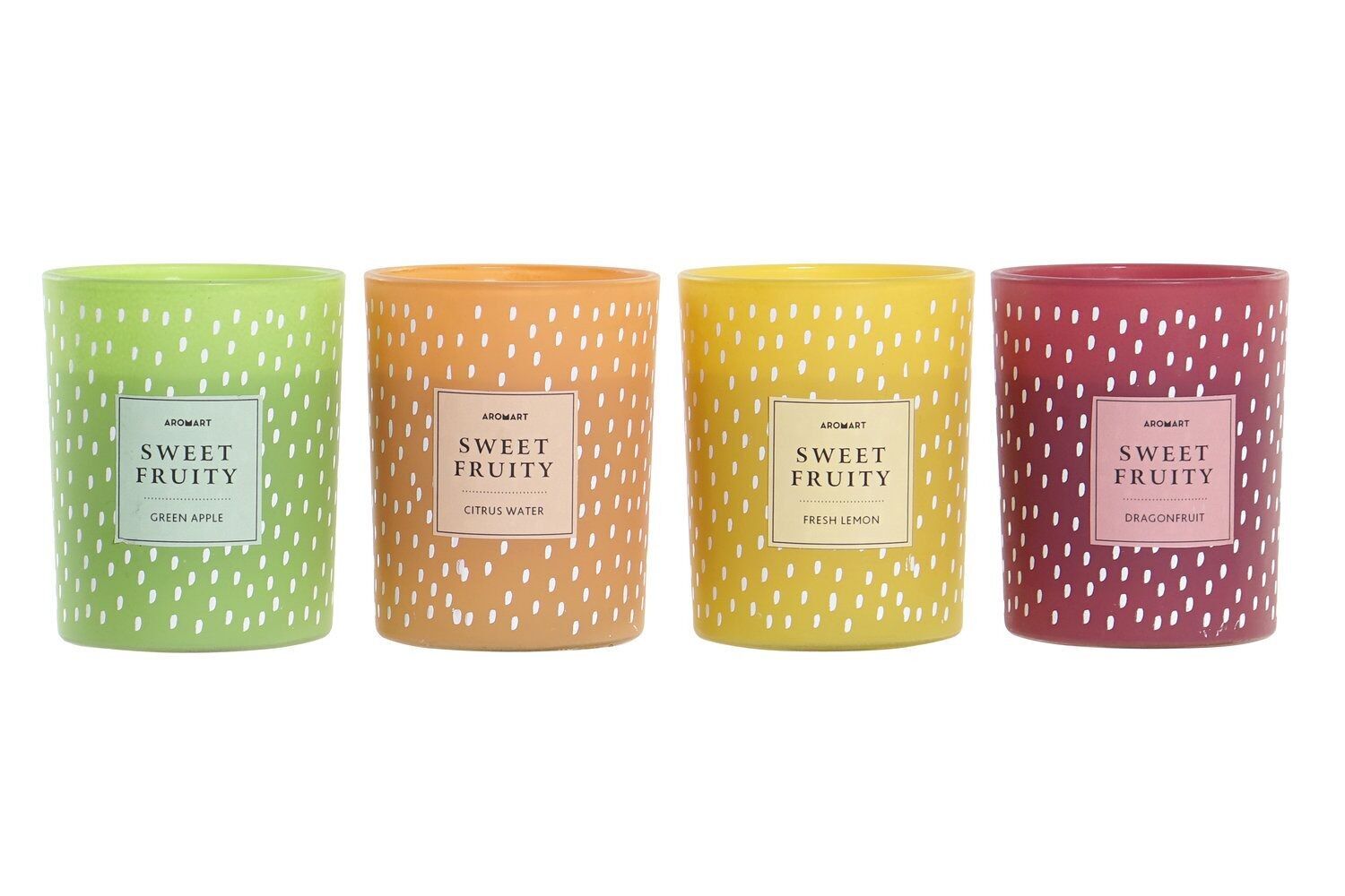 CANDELA IN VETRO 8X8X10 210 G, AROMA 4 SURT. VE180588