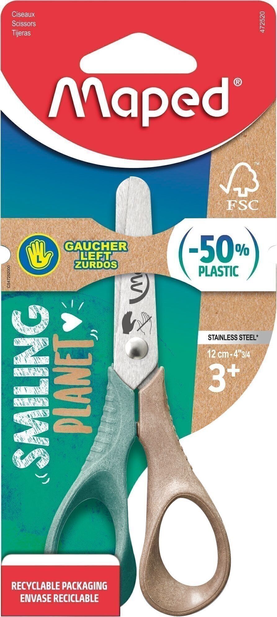 Maped – VIVO 12 cm SMILING PLANET FSC-Schere – runde Spitzen – für Linkshänder – Kartonpackung x1