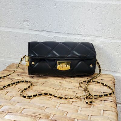 Small Black Baguette shape Quilted cross body bag, Light gold Hardware, metal and PU chain shoulder bag, vegan PU leather messenger bag -9253 black