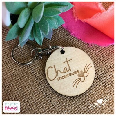 Porte-clefs en bois gravé "Chat moureuse"  (animaux de compagnie, catlover)