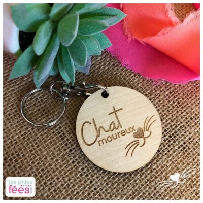 Engraved wooden keychain "Moureux cat" (pet, catlover)