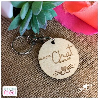 Porte-clefs en bois gravé "Mon p'tit Chat d'amour" (catlover, animal de compagnie)