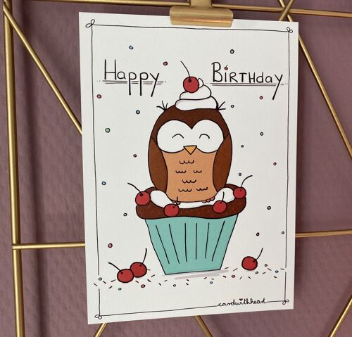Geburtstagskarte "Eule im Muffin"