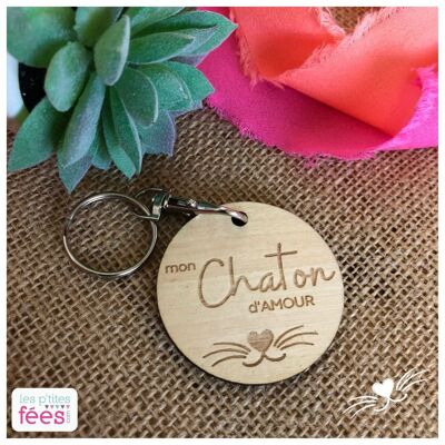 Keychain engraved in wood "my kitten of love" (catlover, family, pet, nickname)