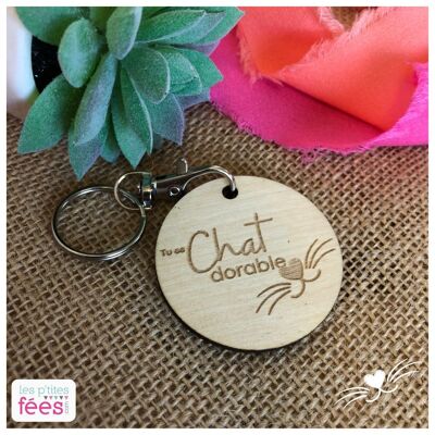 Porte-clefs gravé en bois "tu es Chat dorable" (catlover, animal de compagnie)