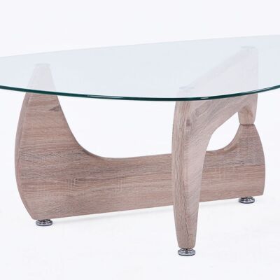 TABLE BASSE LEYNA EN CHÊNE / VERRE TRANSPARENT.