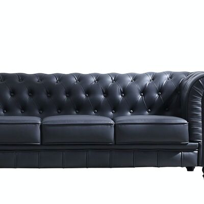 CHESTERFIELD SOFA 3 SEATS BLACK FAUX LEATHER