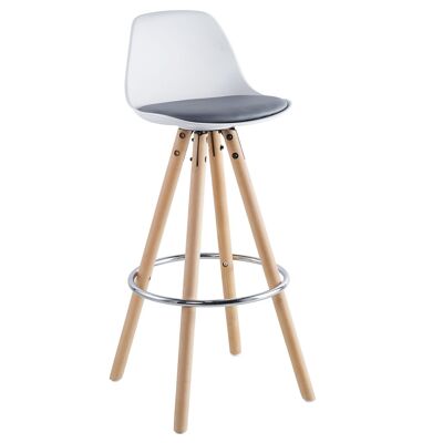 TABURETE ALTO SUEDE BLANCO ASIENTO TAPIZADO GRIS.