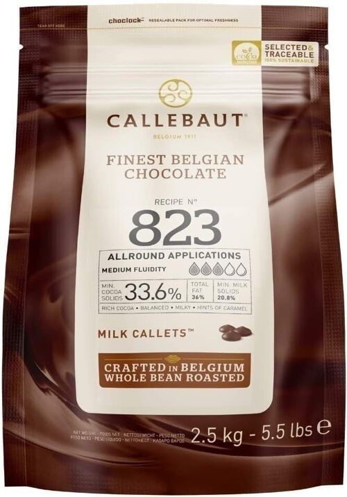 CALLEBAUT CHOCOLAT AU LAIT- FINEST BELGIAN CHOCOLATE - N°823  33,6% CACAO - 2,5 kg - PISTOLES