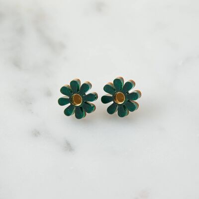 Boucles d'oreilles tige marguerite en vert émeraude et or