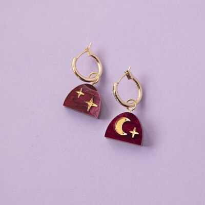 Mini Moon Rising Arc Creolen in Merlot Red Marble & Gold