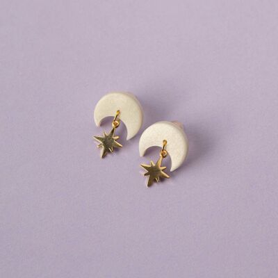 Celestial Gold Star Stud Earrings in Pearly White