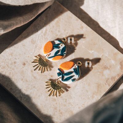 Orange Tree with Brass Drop Earrings, Embroidery