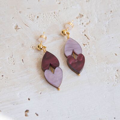 Queen of Hearts Drop Earrings in Merlot Red & Lilac Marble