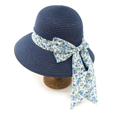 Folding Ladies Travel Sun Hat - Dark Blue Daisy Ribbon (57cm)