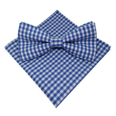 Blue and white gingham bow tie with pocket