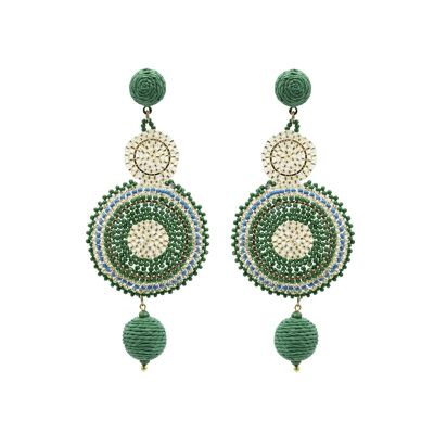 Orecchini pendenti a doppio cerchio con perline verde e oro