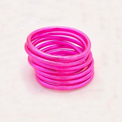 Thick fuchsia Buddhist bangle with an engraved mantra "Happiness, Luck, Fortune and Love" in Thai