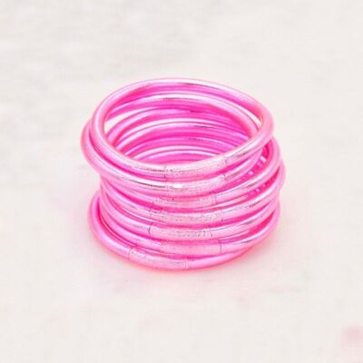 Thick pink Buddhist bangle with an engraved mantra "Happiness, Luck, Fortune and Love" in Thai
