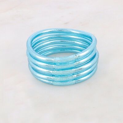 Sky blue thick Buddhist bangle with an engraved mantra "Happiness, Luck, Fortune and Love" in Thai