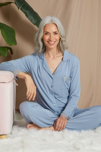 Pyjama en Dentelle de Bambou en Brume Bleue