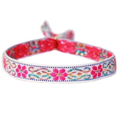 Pulsera tejida flor blanco rosa