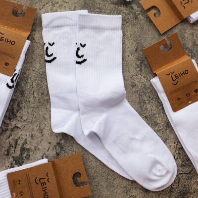 Chaussettes côtelées blanches en coton bio avec smiley (2 TAILLES)