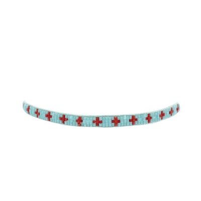 Aqua & Red Cross Narrow Beaded Bracelet