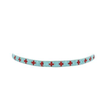 Bracelet perlé étroit aqua et croix rouge