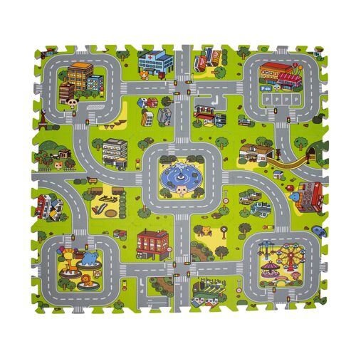 Play floor with roads and city made in EVA, 9 foam tiles