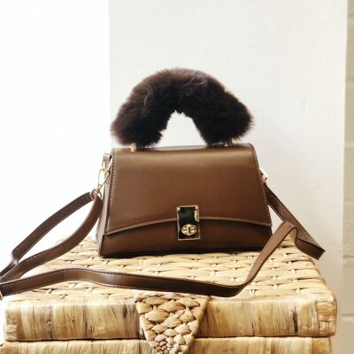lady's crossbody stylish hand bag  with Long adjustable Strap & faux fur handle shoulder bag- 1015 Coffee