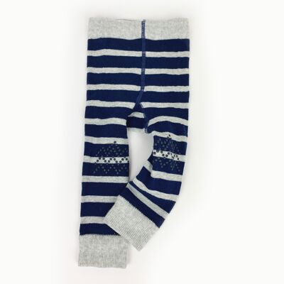 Baby-Leggings mit rutschfesten Knien – Marineblau + Grau, breit gestreift. Strumpfhosen ohne Fuß