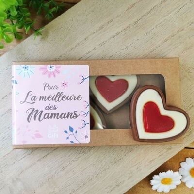 Herzen "Für die besten Mütter" aus roter und weißer Vollmilchschokolade x4