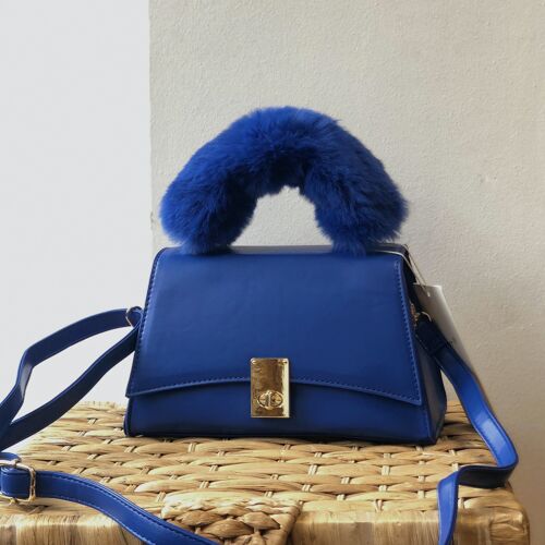 lady's crossbody stylish hand bag  with Long adjustable Strap & faux fur handle shoulder bag-- 1015 BLUE