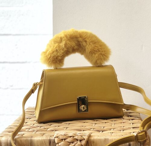 lady's crossbody stylish hand bag  with Long adjustable Strap & faux fur handle shoulder bag-- 1015 Yellow