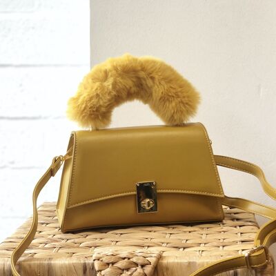 lady's crossbody stylish hand bag  with Long adjustable Strap & faux fur handle shoulder bag-- 1015 Yellow