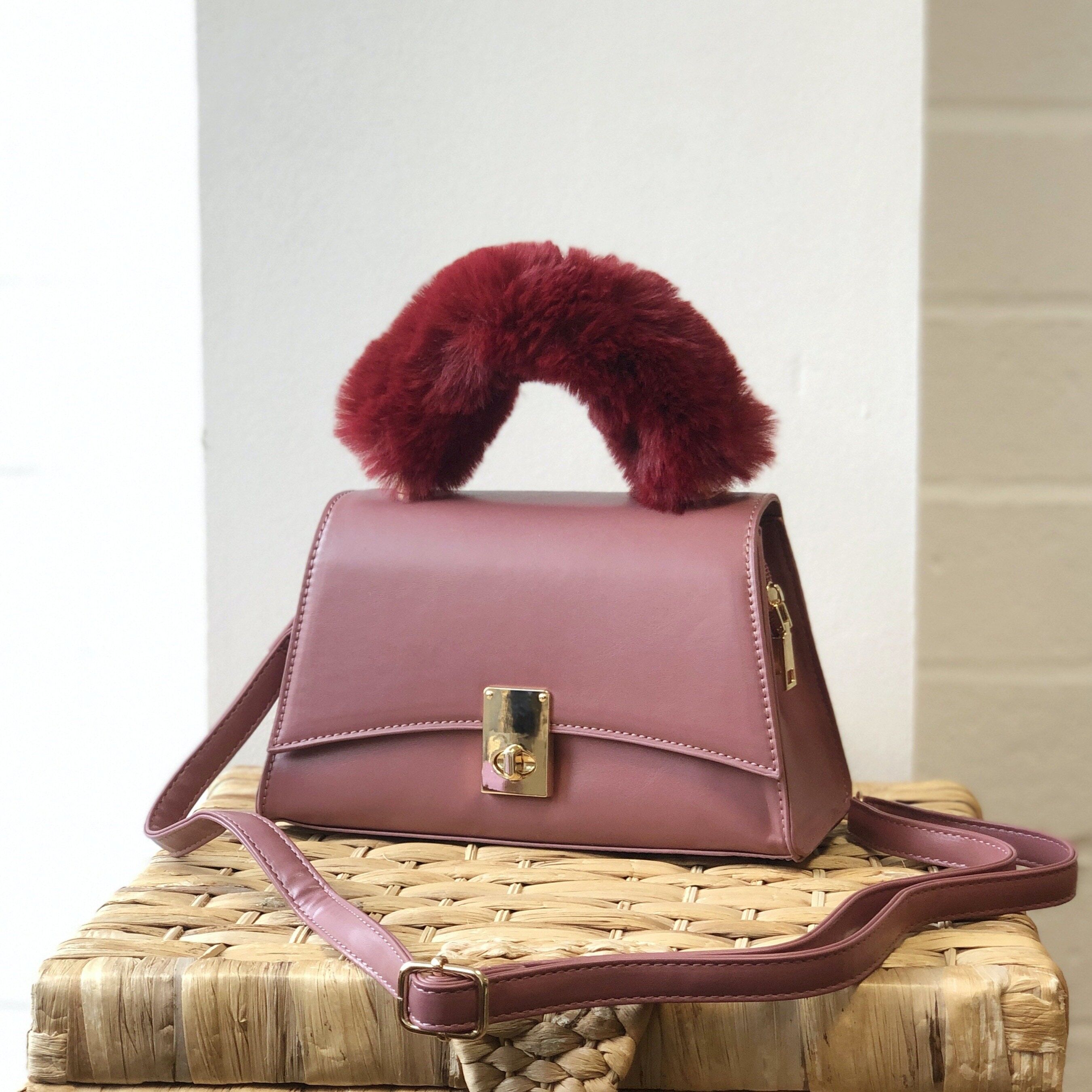 lady's crossbody stylish hand bag  with Long adjustable Strap & faux fur handle shoulder bag-- 1015 Wine