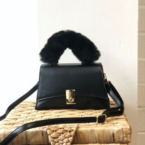 lady's crossbody stylish hand bag  with Long adjustable Strap & faux fur handle shoulder bag-1015 Black