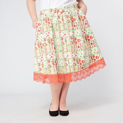 'Clover' Button Through Plus Size Cottagecore Swing Skirt in Patchwork Floral | Sizes 16 18 20 22 24 26