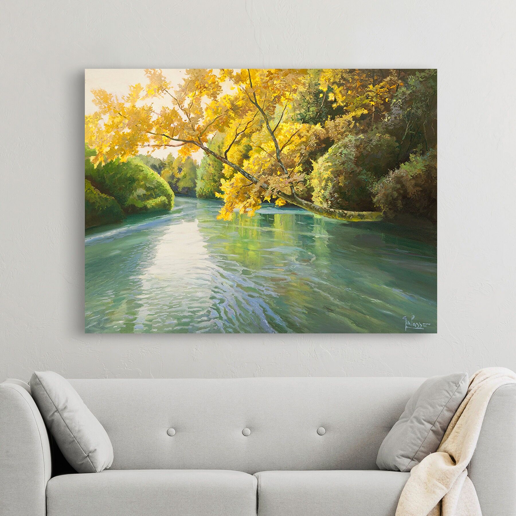 Cuadro con paisaje, impresión sobre lienzo: Adriano Galasso, Río Sereno