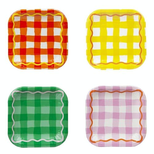 Multi-Coloured Gingham Square Party Plates - 12 Pack