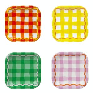 Assiettes de fête carrées à carreaux vichy multicolores - Paquet de 12