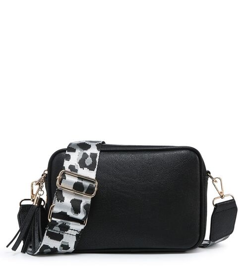 Leopard  Print Strap, 2 Compartments bag, Ladies Cross Body Bag ,Shoulder bag , Adjustable Wide Strap, ZQ-070-2 Black