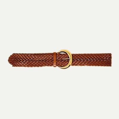 Wide faux leather braided belt with gold buckle in tan
