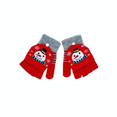 Guanti/mezzi guanti natalizi per bambini "Rosso con pupazzo di neve"