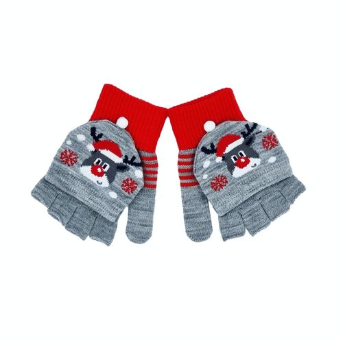 Kid's Christmas mittens/half gloves "Grey with Rudolph"